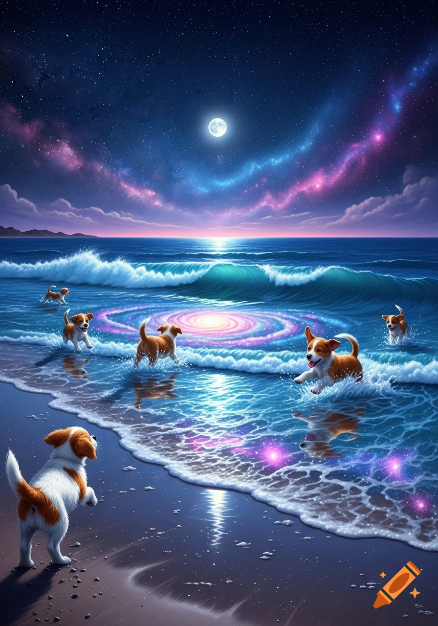 Multiple cute puppies playing in a luminous ocean with galaxy-like water under a star-filled night sky and full moon.