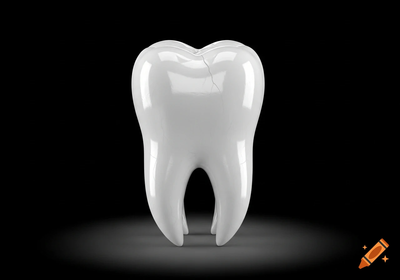 A realistic white tooth with subtle cracks stands on a dark background, illuminated by a spotlight.