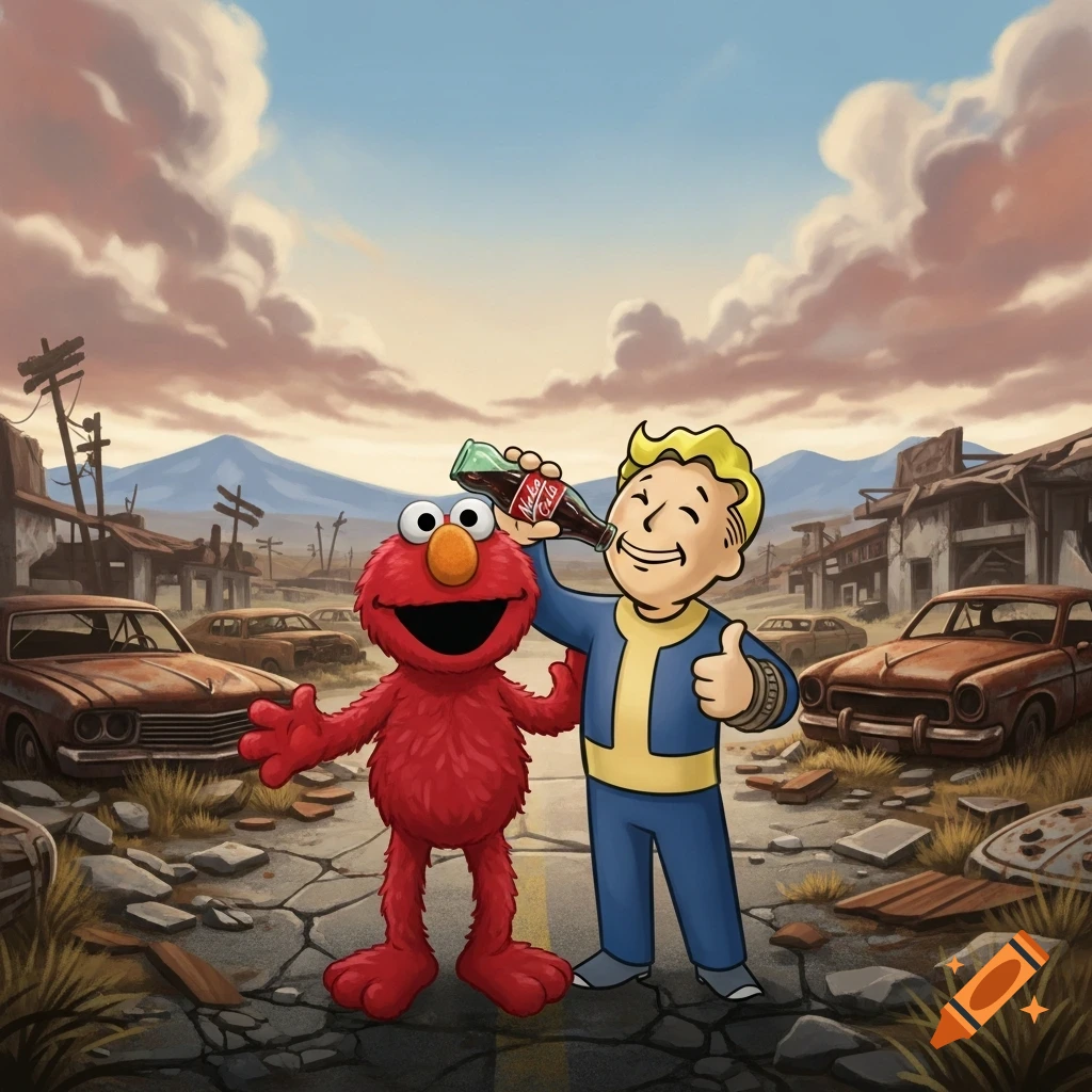 Cartoon Elmo and Vault Boy in a post-apocalyptic city, Vault Boy drinks Nuka Cola as Elmo smiles.