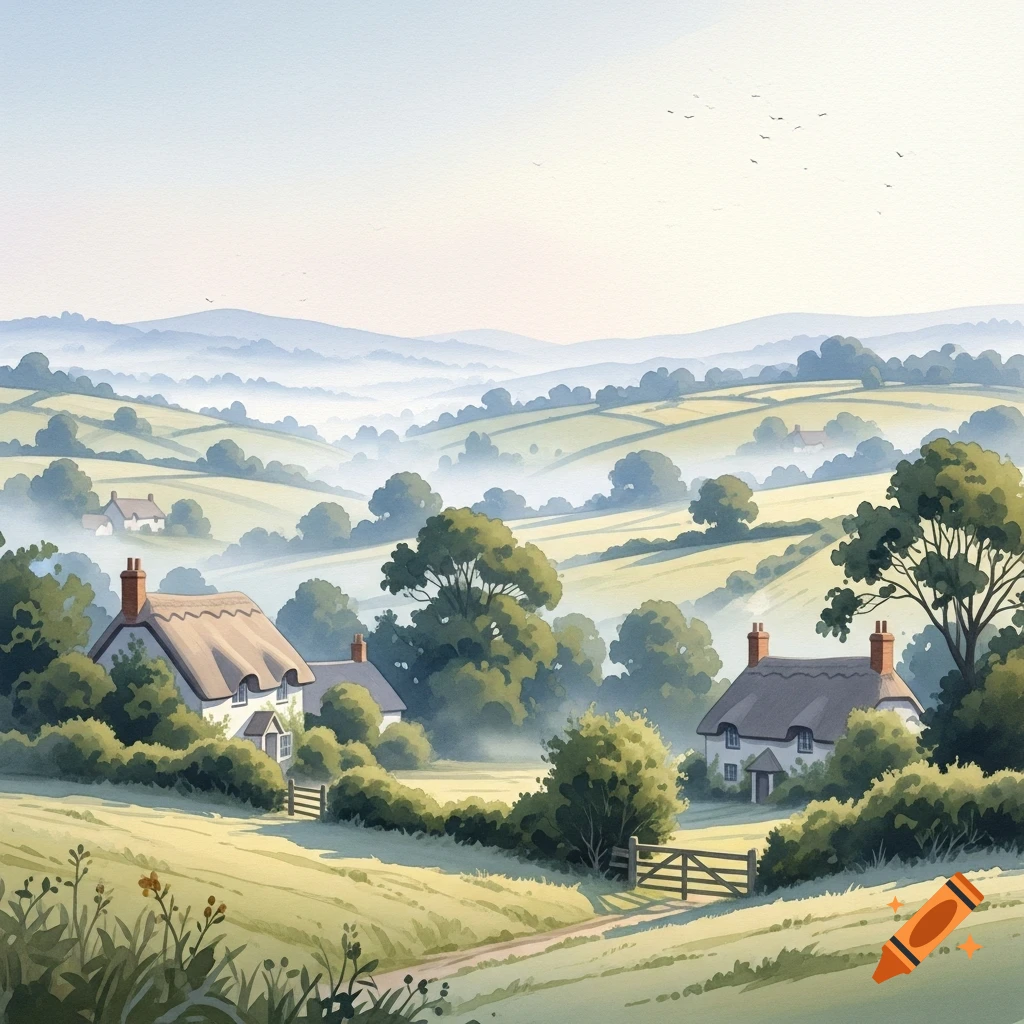 A soft watercolor painting of a rustic English countryside with rolling hills, quaint cottages, trees, and morning mist.