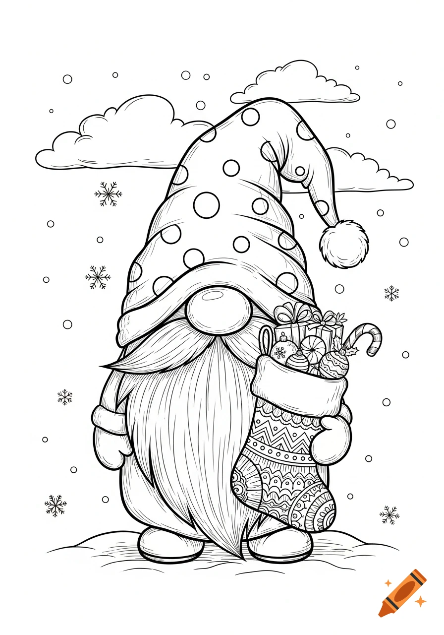 Blackline Christmas coloring page of a gnome in a polka dot hat, holding a stocking full of gifts, with snow and clouds.