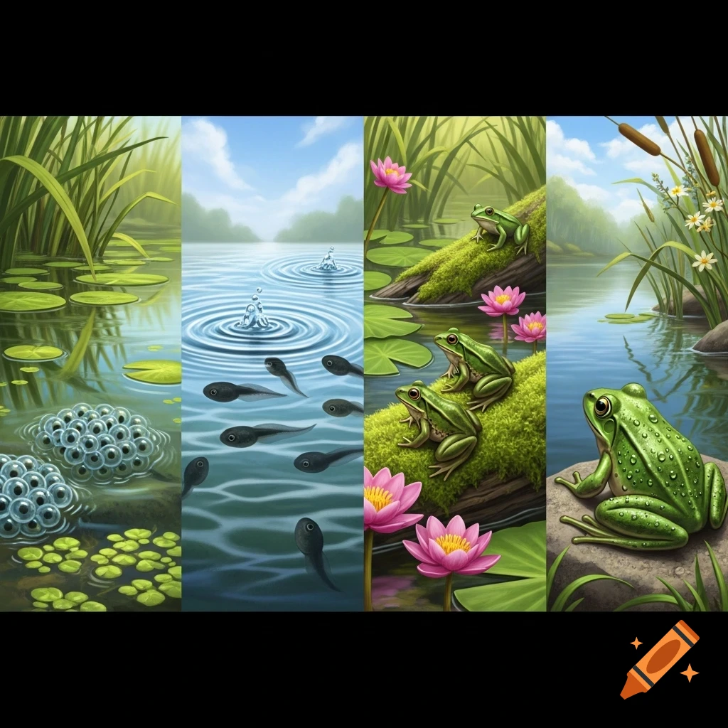 Four-panel illustration of a frog's life cycle: frogspawn, tadpoles, young frogs on a log, and an adult frog in a pond setting.