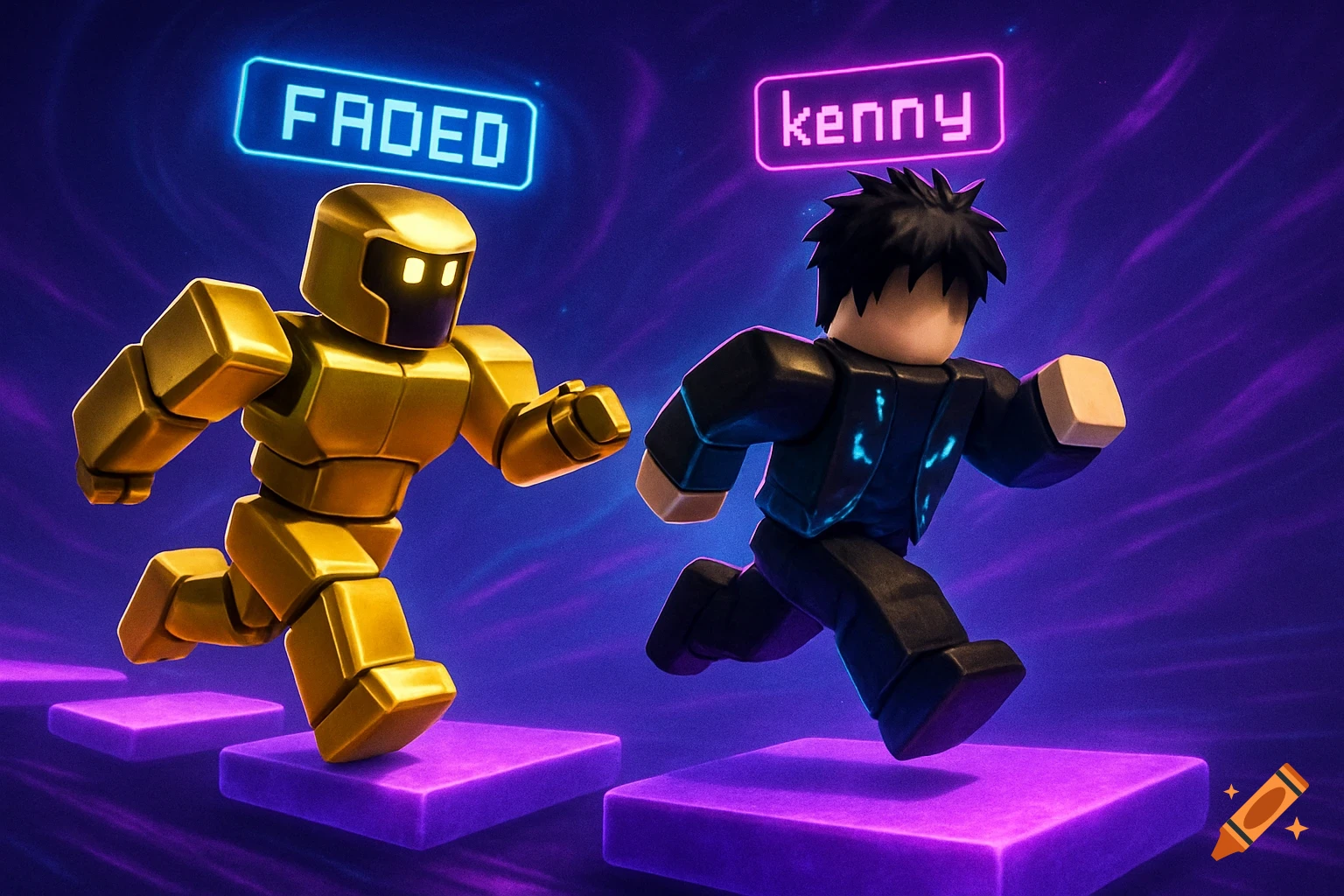 Roblox R15 style golden robot and black-haired avatar running on glowing purple platforms, with names FADED and kenny above them.