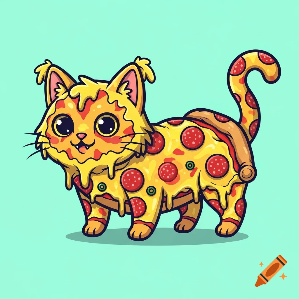 A whimsical, cute cartoon cat whose body is a pepperoni pizza with melted cheese, on a light teal background.