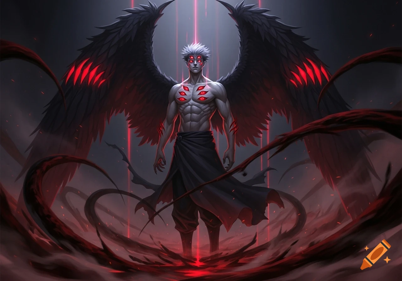A muscular man with white hair, black demon wings, and multiple glowing red eyes on his face and chest, stands amidst red smoke and tendrils.