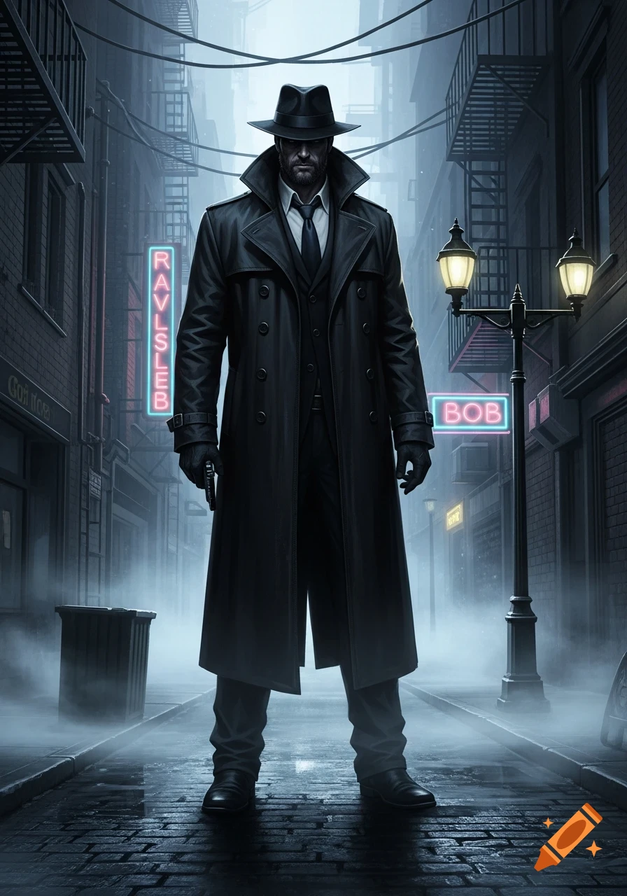 A stylized illustration of a man in a trench coat and fedora, holding a gun, standing in a misty, dark city alley with neon signs.