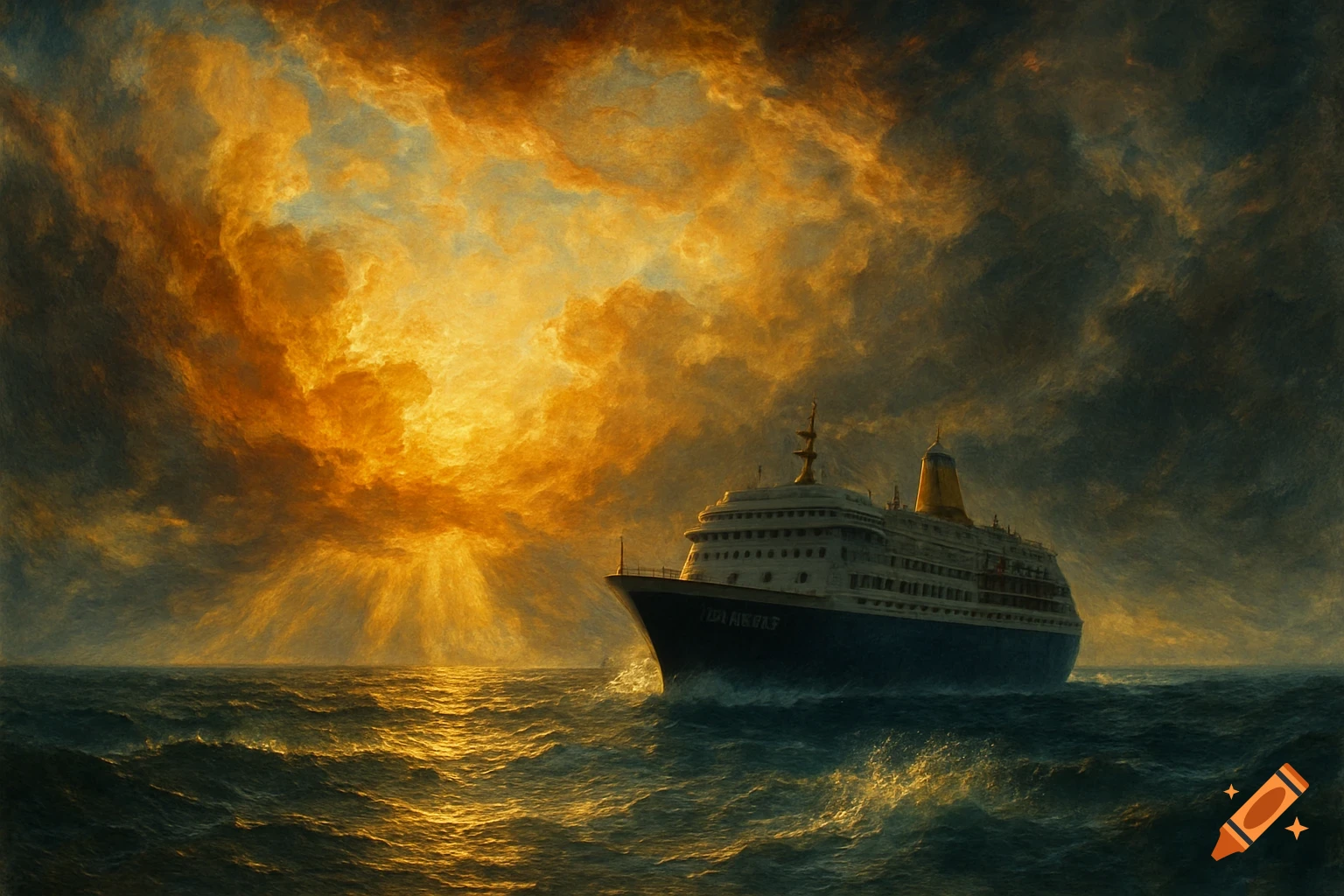 A dramatic oil painting of a cruise ship on a choppy sea under an intensely fiery sky with rays of light breaking through dark clouds.
