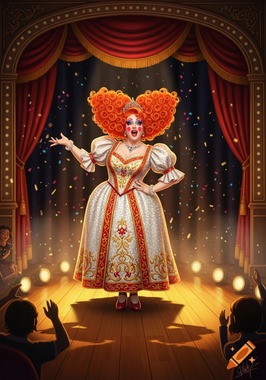 A flamboyant drag queen with huge orange curly hair in a white and gold gown performs on a brightly lit stage with red curtains. Stylized.