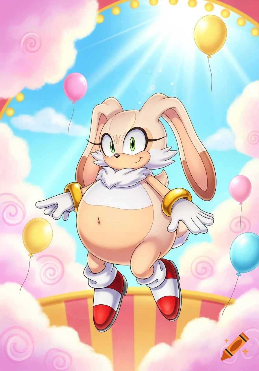 A cartoon rabbit character with a large, inflated belly floats in a sky surrounded by pink clouds and balloons.