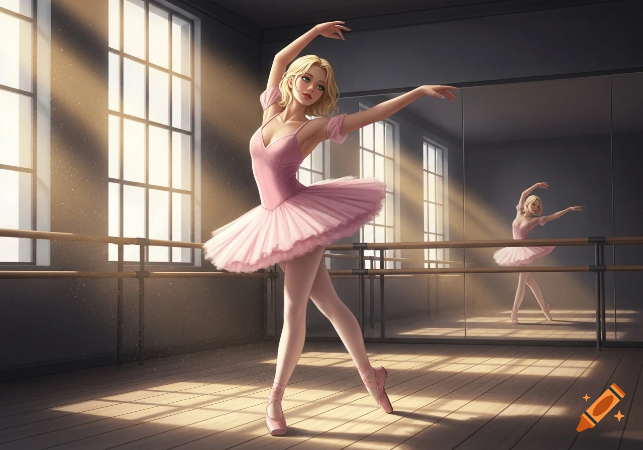A blonde woman in a pink tutu and pointe shoes dances ballet in a sunlit studio, reflected in a mirror.