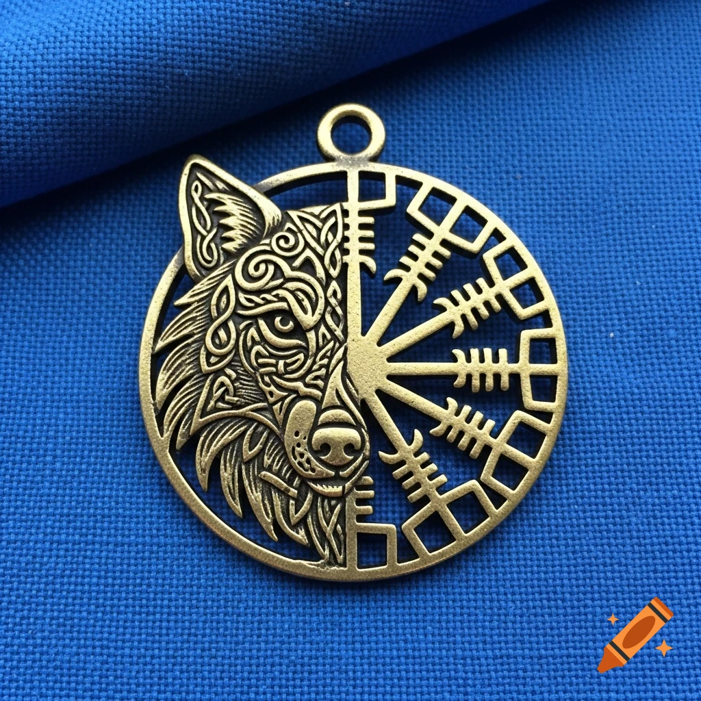 Bronze amulet featuring a wolf head in Celtic knot style on the left and a Vegvisir symbol on the right, resting on a royal blue linen cloth.
