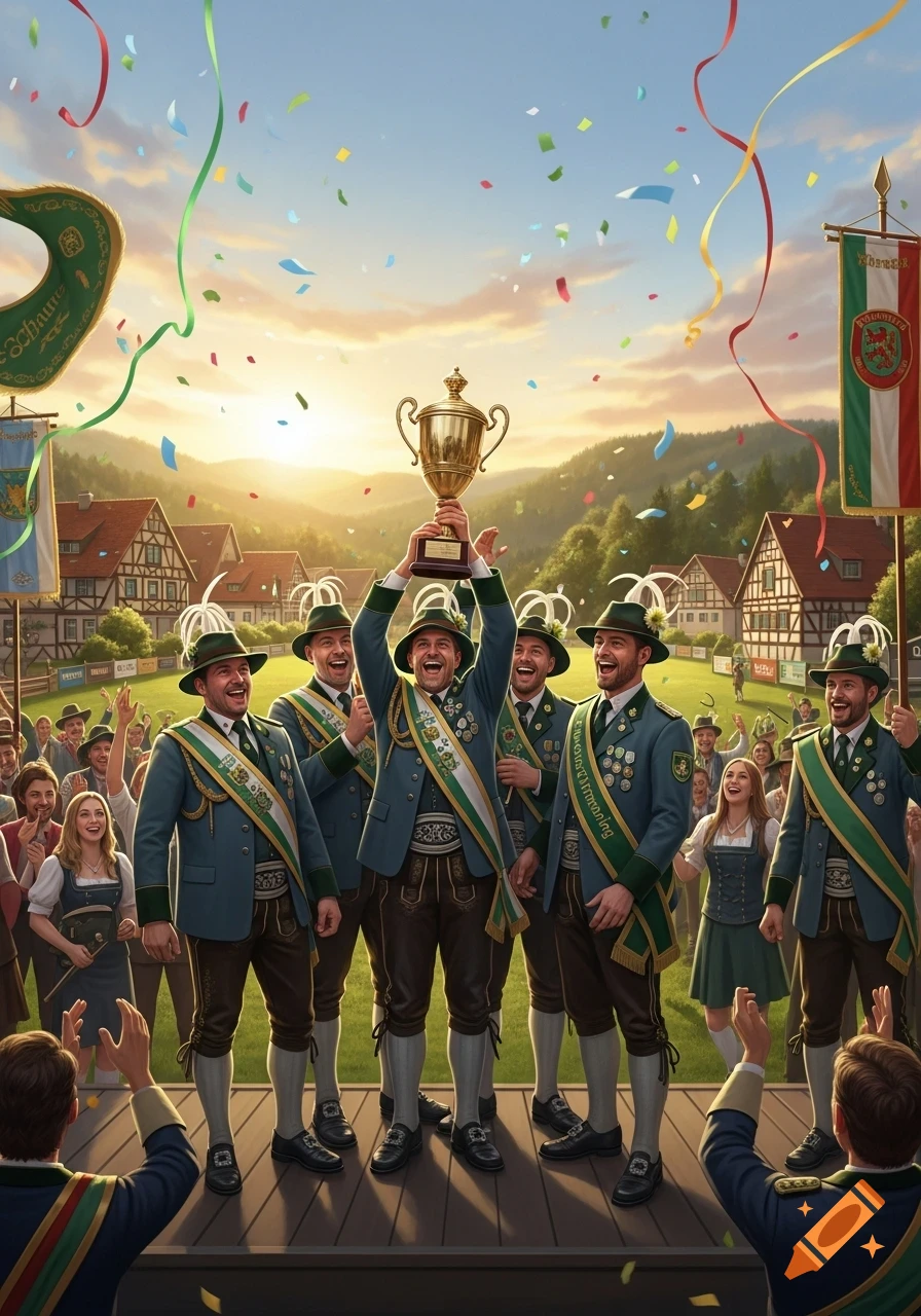 A group of cheerful men in traditional Bavarian attire celebrating a victory, holding a gold trophy aloft as colorful confetti falls around them. They stand on a wooden stage with a crowd in the background and a village in the distance at sunset.