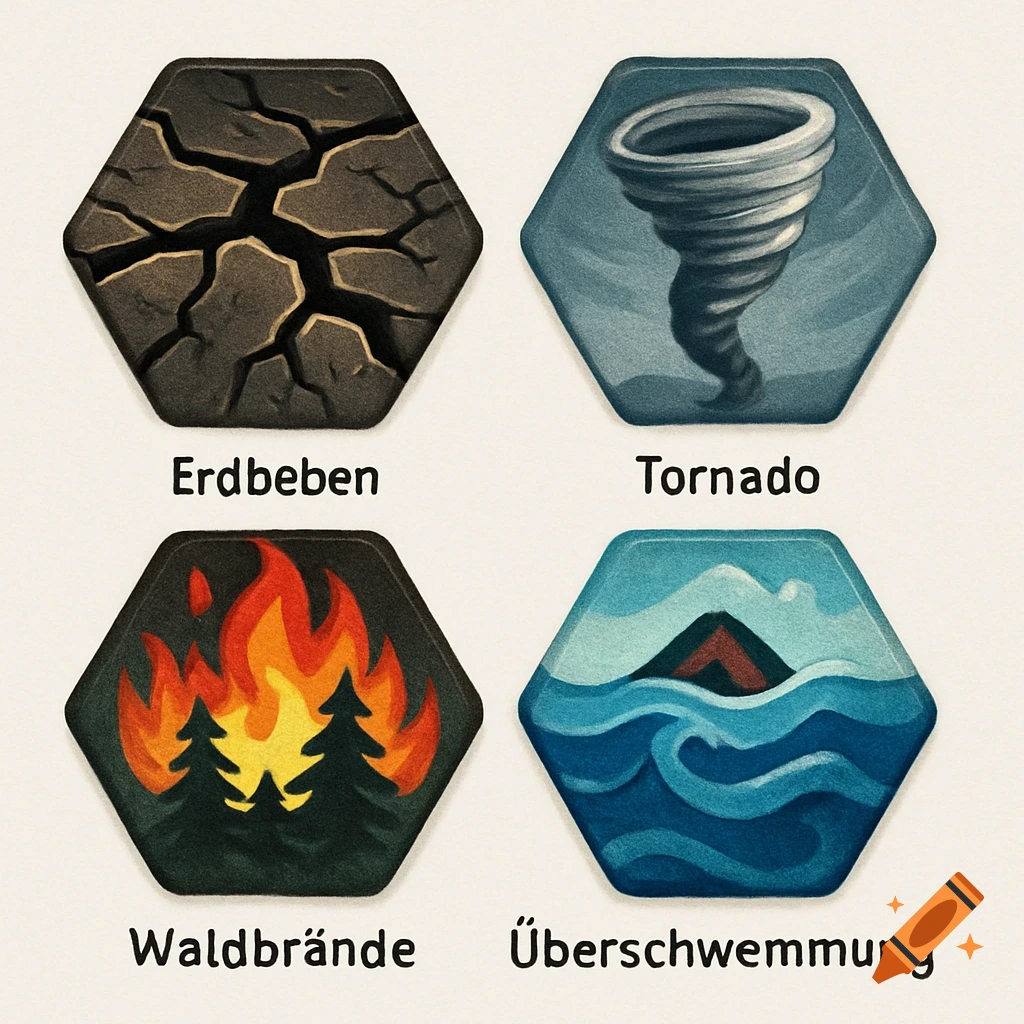 Four hexagonal game tiles illustrating natural disasters: earthquake, tornado, wildfire, and flood, with German labels.