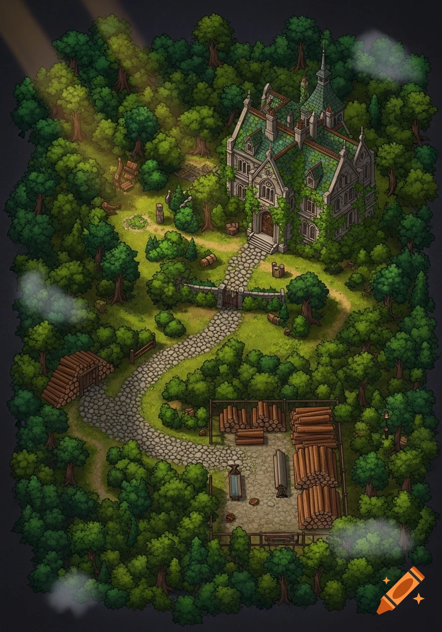 Isometric fantasy map of a secretive woodsy manor and lumberyard nestled in a dense forest, with winding paths.