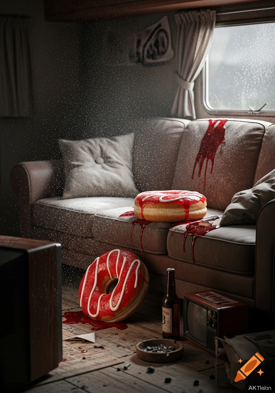 A hyper-realistic image of two grimy, jelly-splattered donuts amidst a chaotic, rundown trailer living room with overturned ashtrays and a beer bottle.