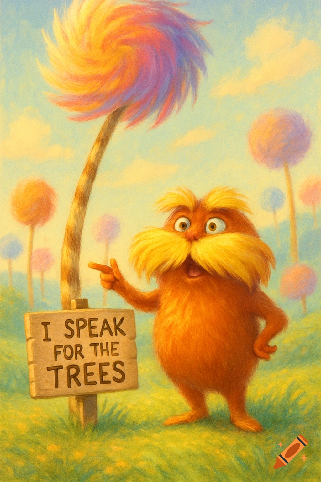 The Lorax, an orange, mustachioed creature, points to a sign reading 'I SPEAK FOR THE TREES' in a vibrant, whimsical landscape with colorful Truffula trees.