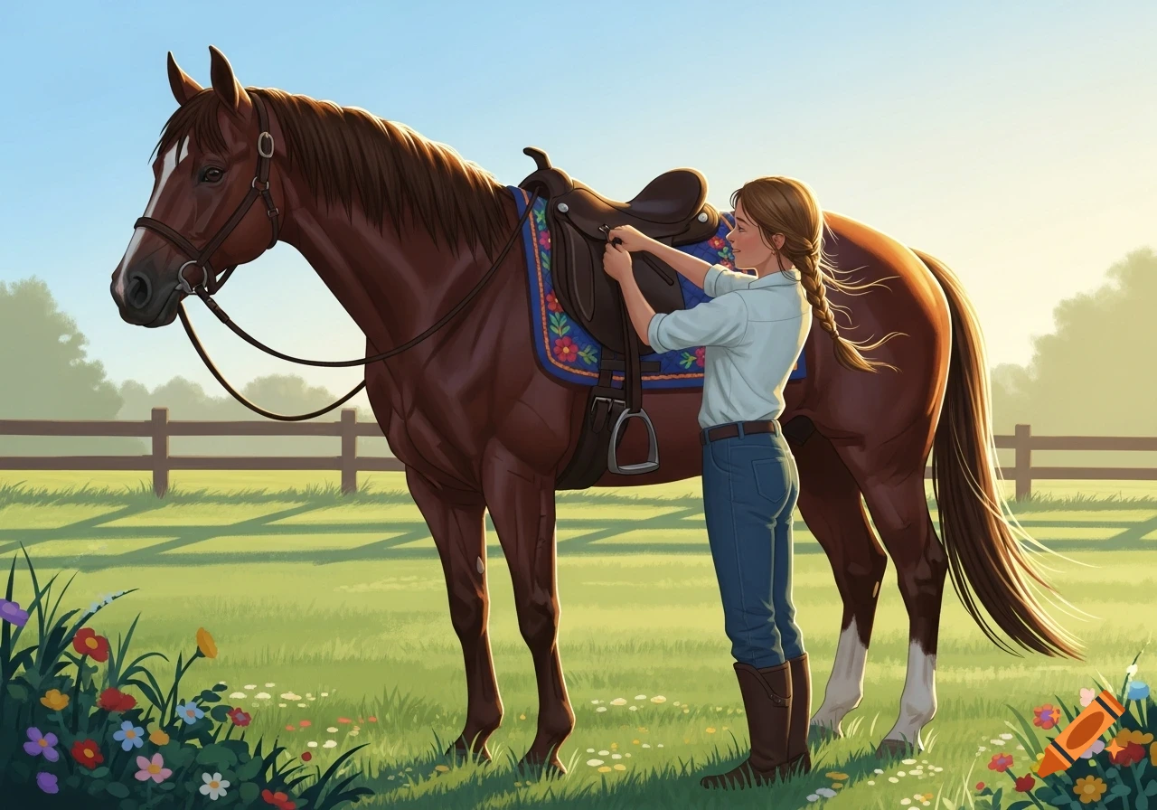 A girl in a light blue shirt and jeans saddles a brown horse in a sunny green field with wildflowers and a wooden fence.