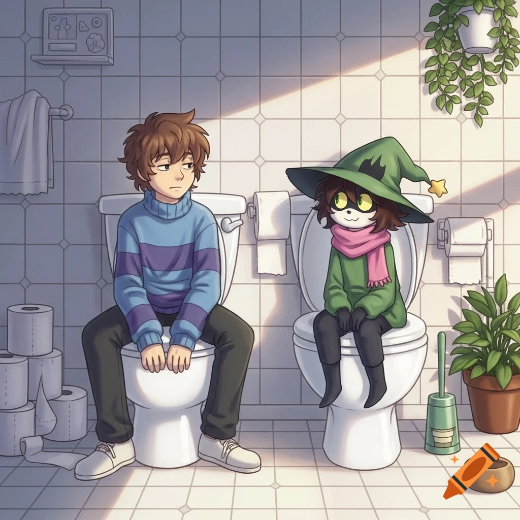 Cartoon characters Kris and Ralsei from Deltarune sitting on separate toilets in a bright, tiled bathroom, with plants and toilet paper.