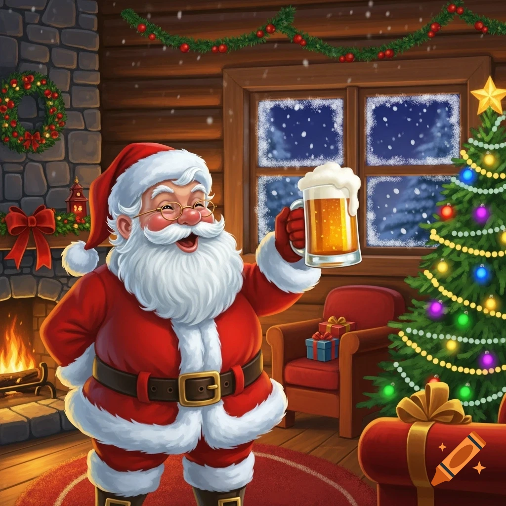 Santa Claus smiling and holding a mug of beer in a cozy cabin decorated for Christmas with a tree and fireplace.