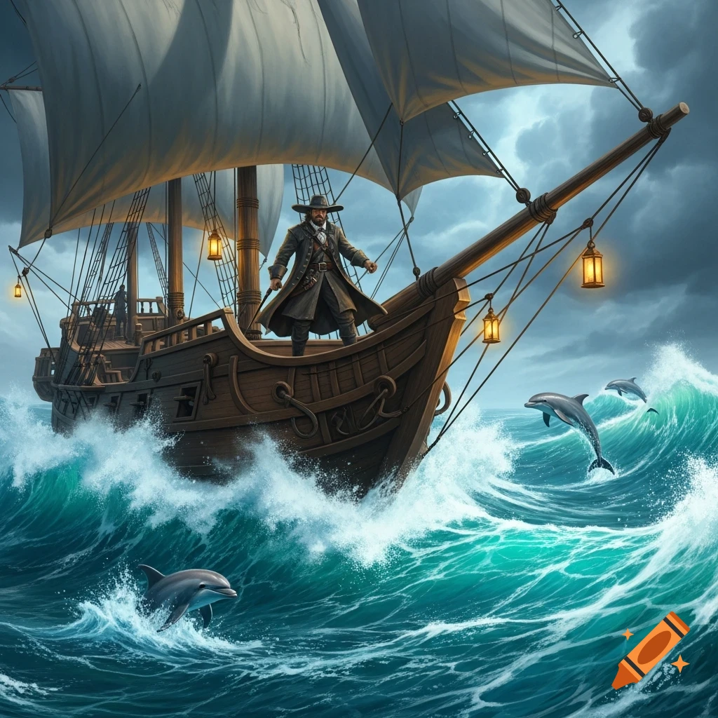 A detailed fantasy illustration of a bearded explorer on a large sailing ship, cresting stormy waves with dolphins leaping beside it.