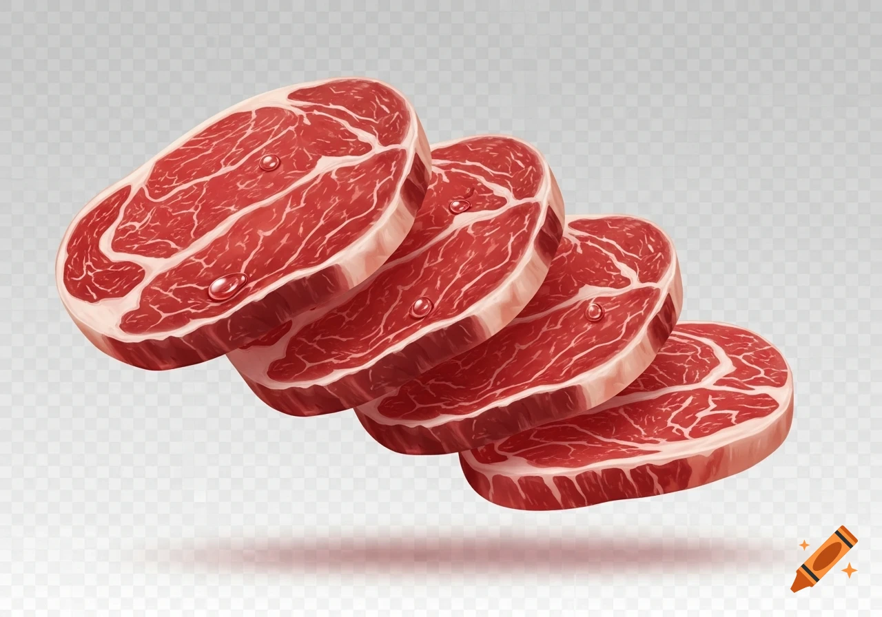 Four thick slices of raw red meat with visible marbling and small water droplets, against a transparent background.