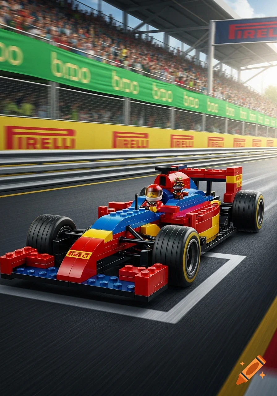 A detailed red, blue, and yellow Lego Formula 1 race car on a track, with crowded grandstands in the background.