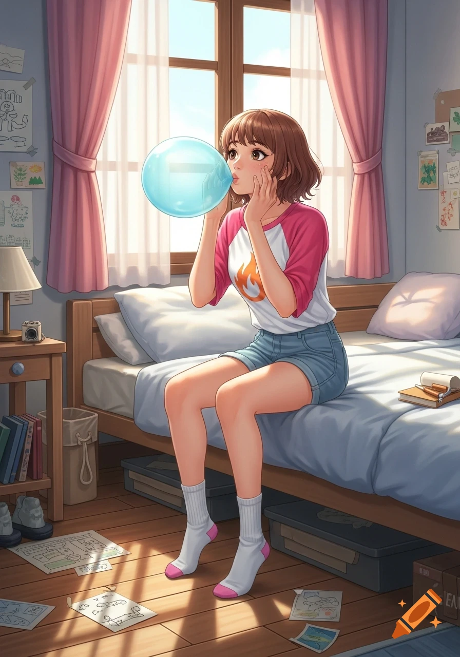 An anime girl, resembling Anne Boonchuy, sits on a bed in a sunlit bedroom, blowing a large light blue bubble gum.