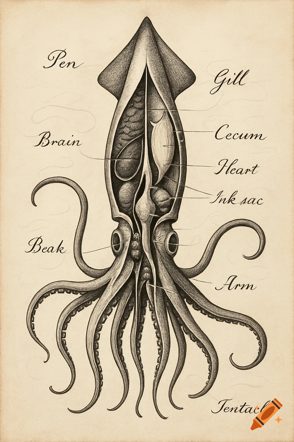 A detailed vintage scientific illustration of a squid's internal anatomy, with various organs labeled in elegant script.