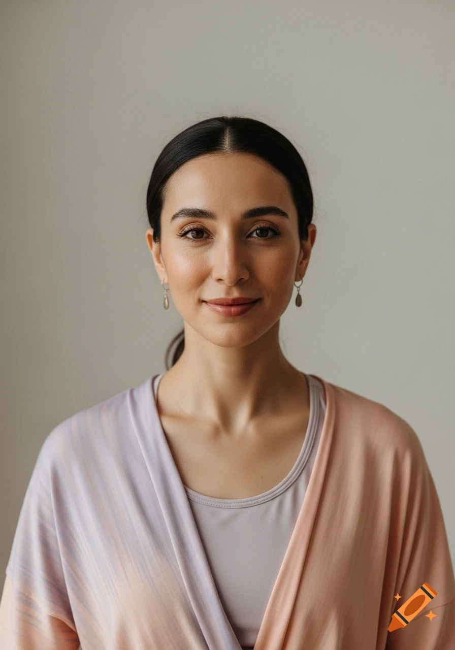 Photorealistic portrait of a serene Iranian woman with dark hair in a pastel yoga top.