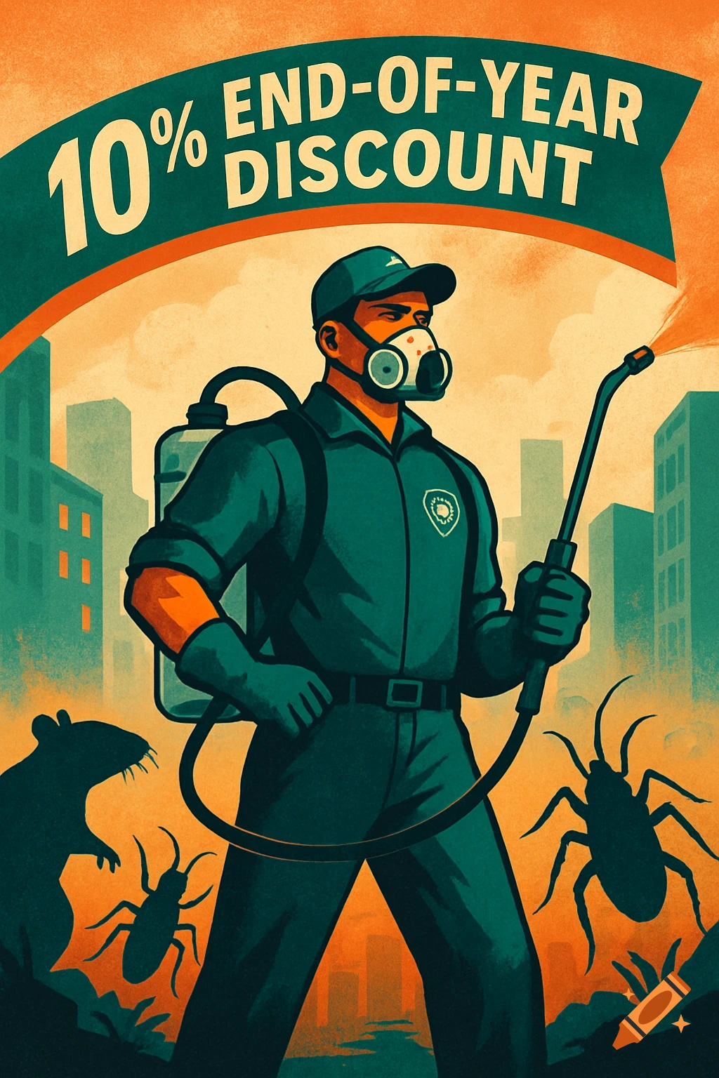 A retro-style illustration of a pest control worker in a city with a rat and cockroaches, advertising '10% END-OF-YEAR DISCOUNT'.