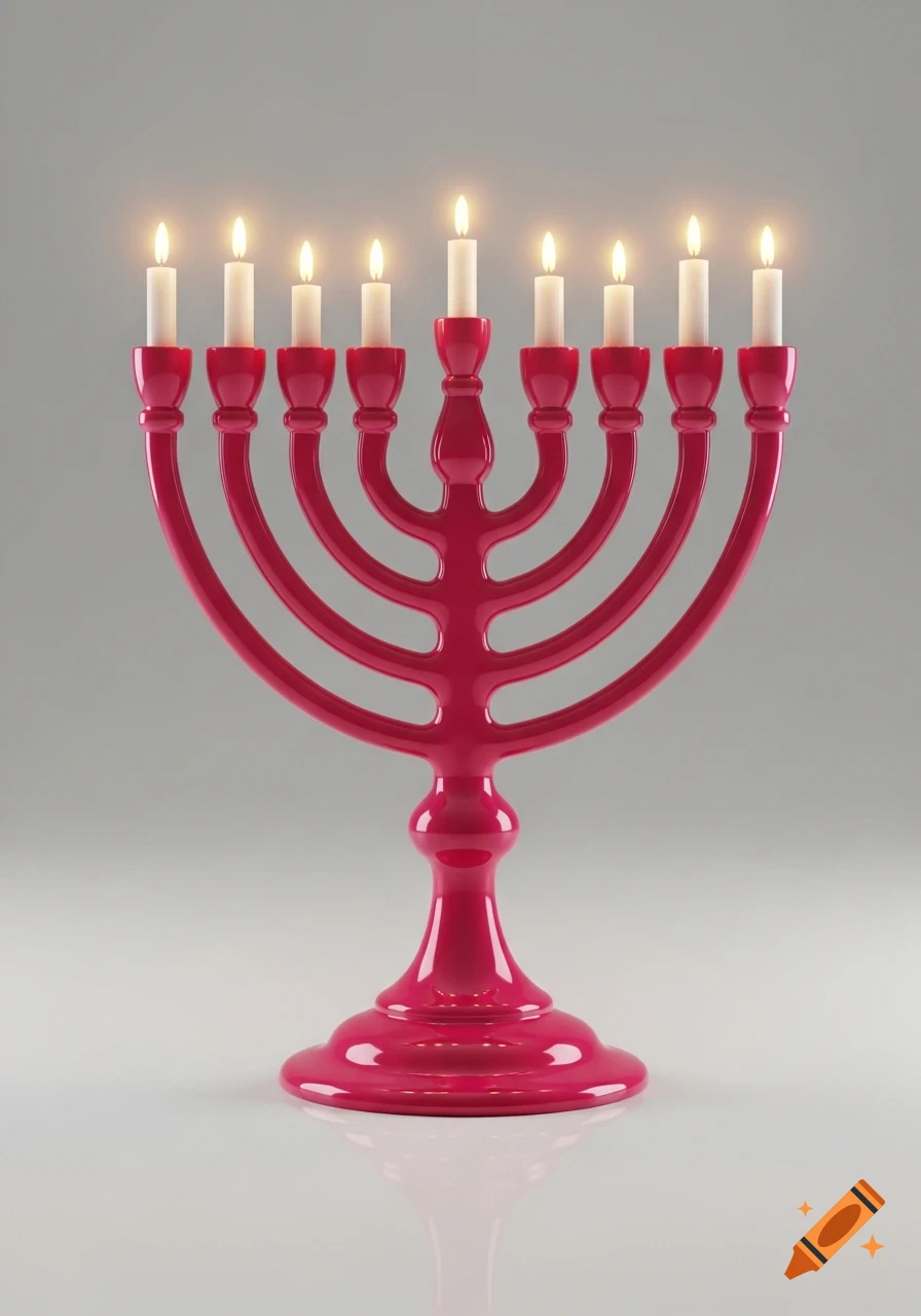 A glossy, reflective pink menorah with nine lit white candles against a neutral background.