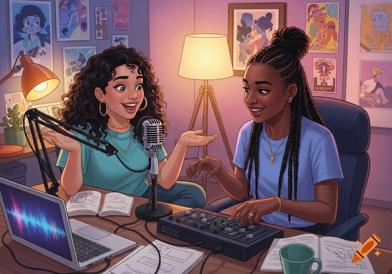 Two smiling cartoon teenagers, a Latina with curly hair and a Black girl with braids, host a podcast at a desk with microphones, a laptop, and mixing equipment.