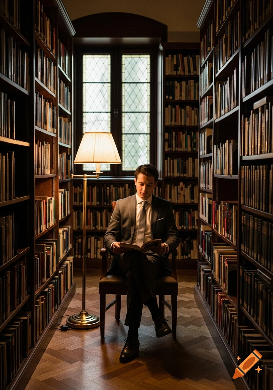 A man in a suit sits in a grand library, illuminated by a lamp, reading a book amidst tall bookshelves and a large window.
