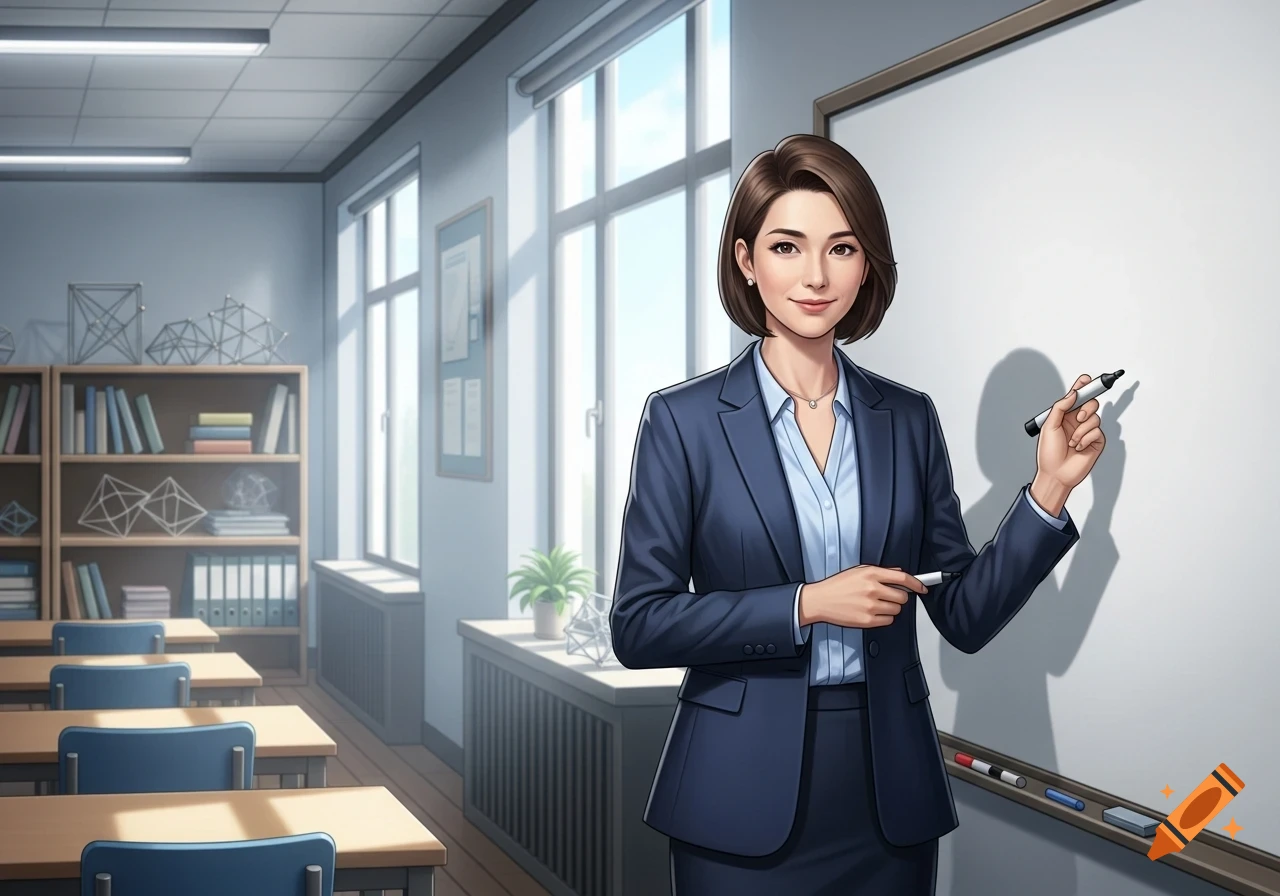 Anime-style illustration of a short-haired female professor in a suit holding a marker by a blank whiteboard in a classroom.