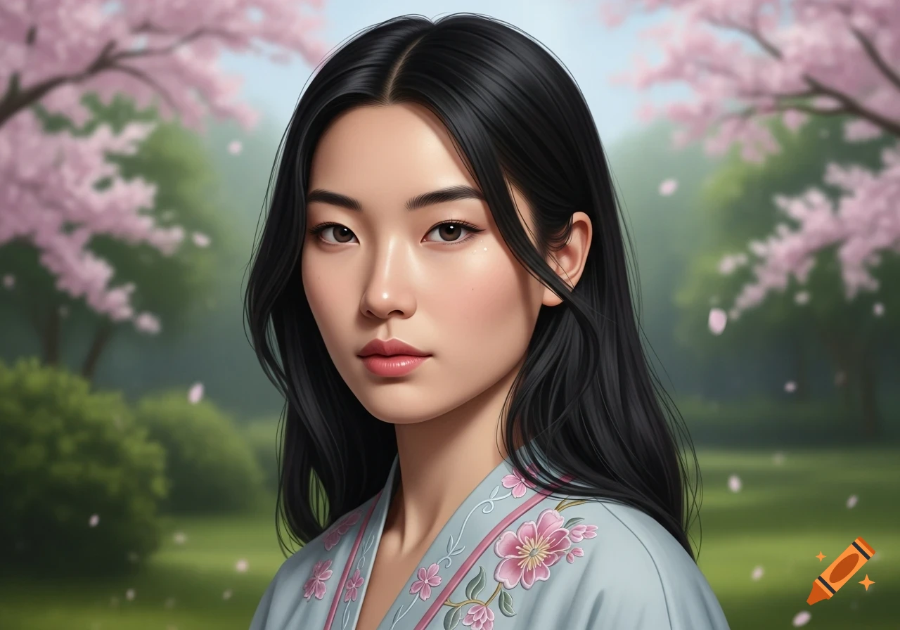 Realistic portrait of a young Asian woman with long black hair in a blue floral kimono, standing in a park with pink cherry blossoms.