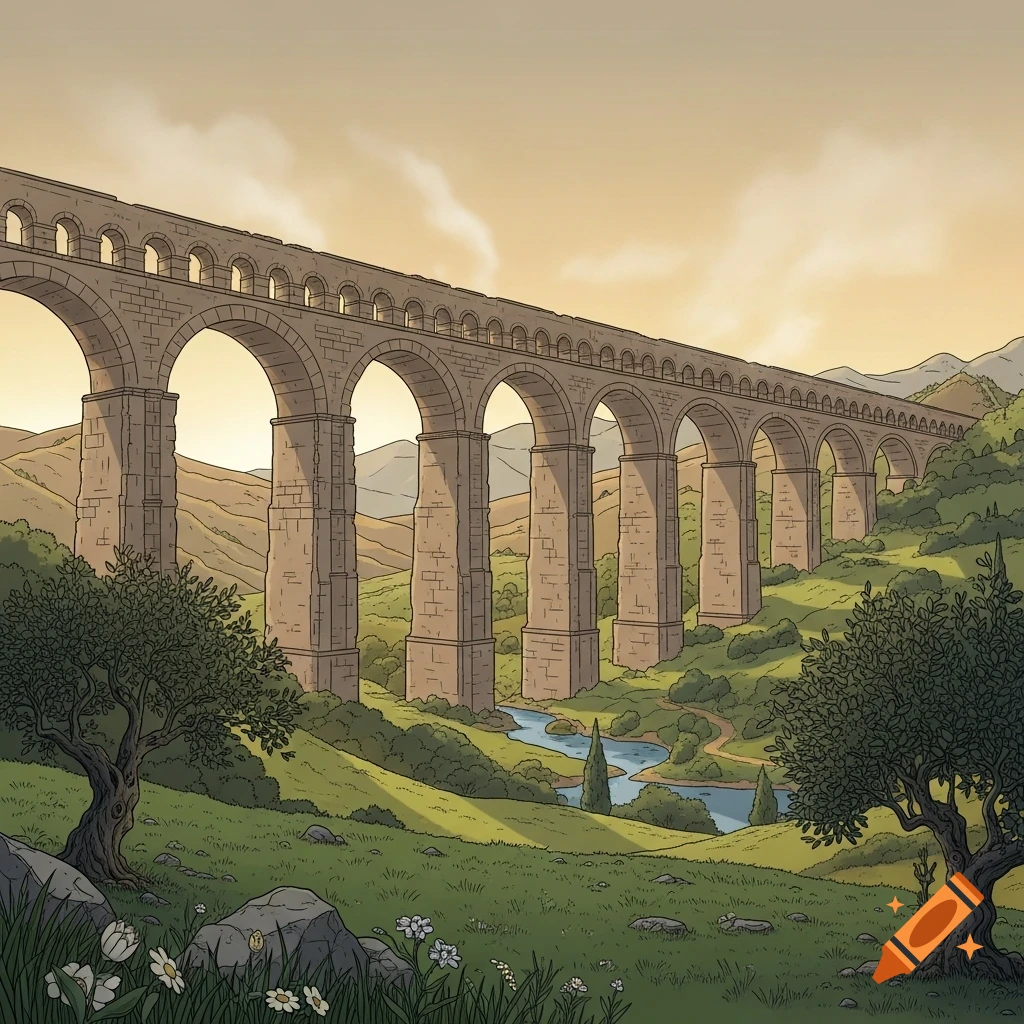 A stylized illustration of a long ancient aqueduct spanning across a green, hilly landscape with a river below.
