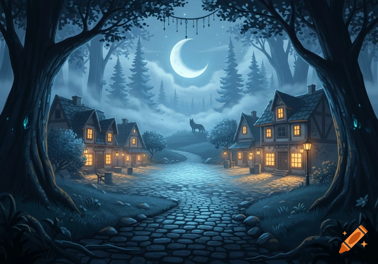 A stylized fantasy village at night with glowing windows, a moonlit cobblestone path, a large crescent moon, and a wolf on a hill.