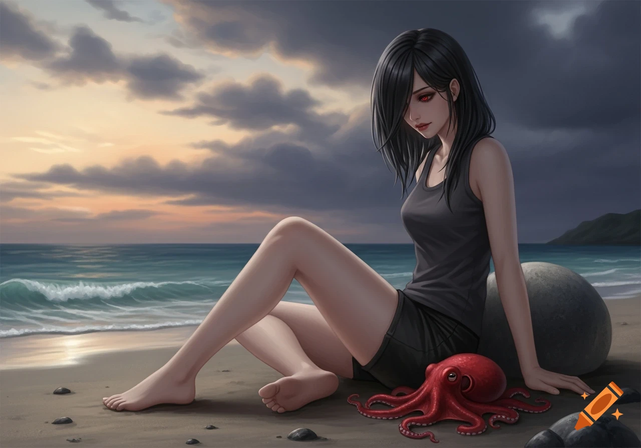 An anime-style illustration of a woman with black hair and red eyes sitting on a cloudy sunset beach next to a red octopus.