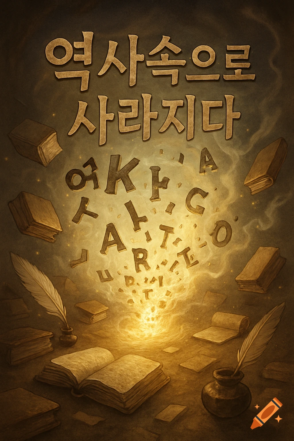 Fantasy illustration of an open book and quills, with glowing light emitting dissipating Korean and English letters, surrounded by floating books.