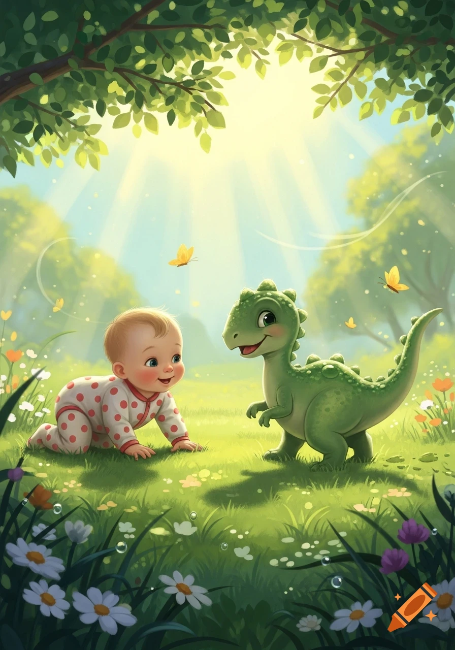 Whimsical illustration of a happy baby crawling towards a cute green dinosaur in a sunny, flower-filled meadow.