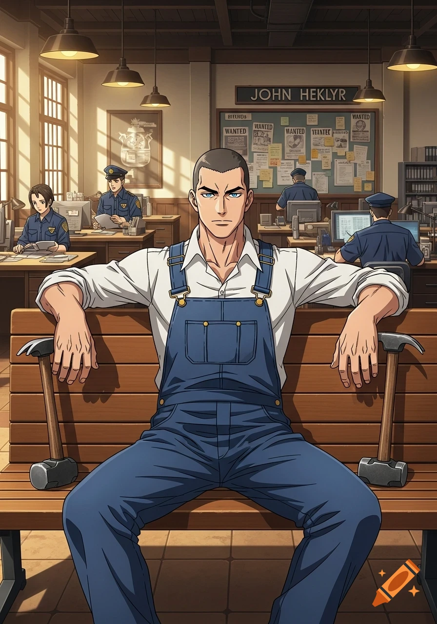 An anime man with a buzz cut, wearing blue overalls and a white shirt, sits on a bench with two railroad hammers, in a police station with officers working.