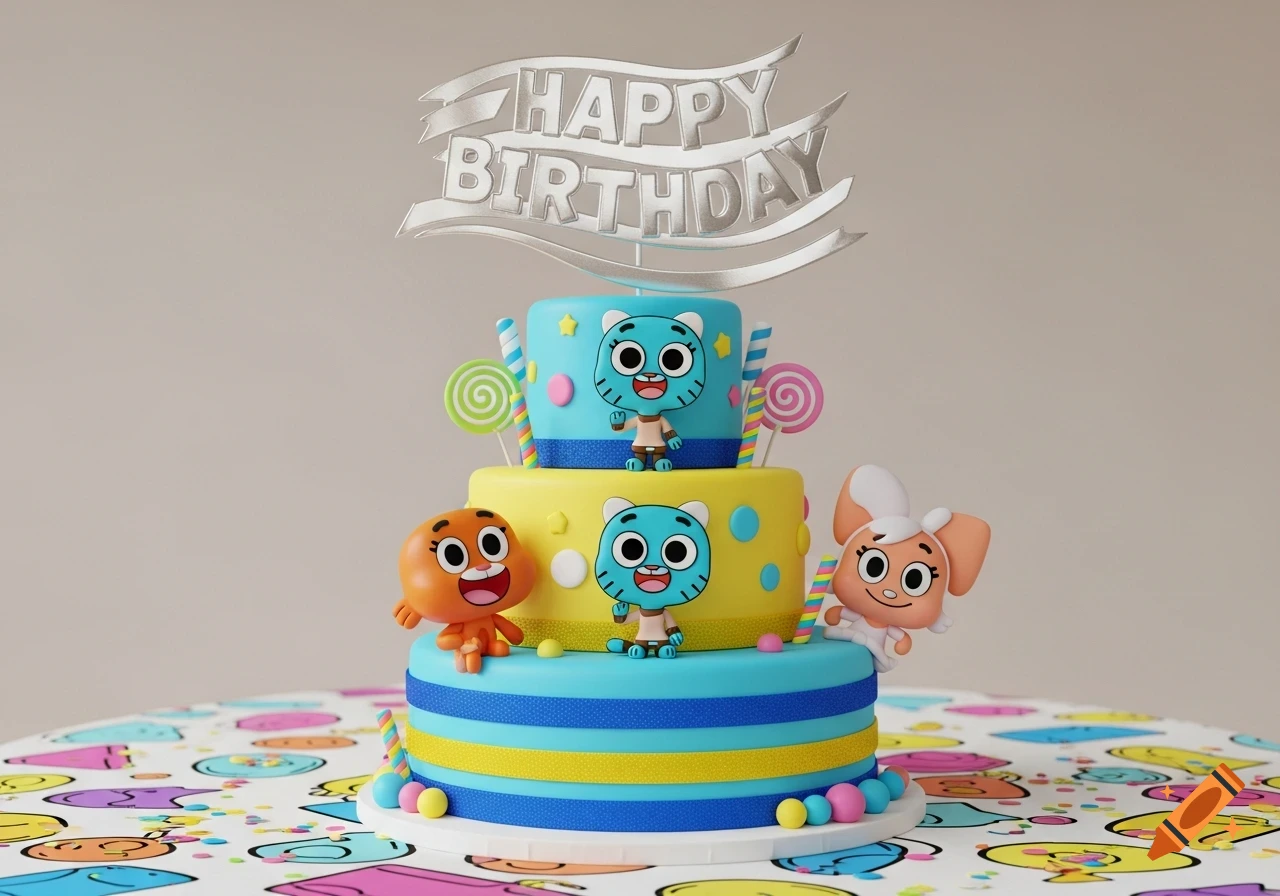 A colorful three-tier birthday cake decorated with Gumball, Darwin, and Anais characters and a silver 'Happy Birthday' topper.