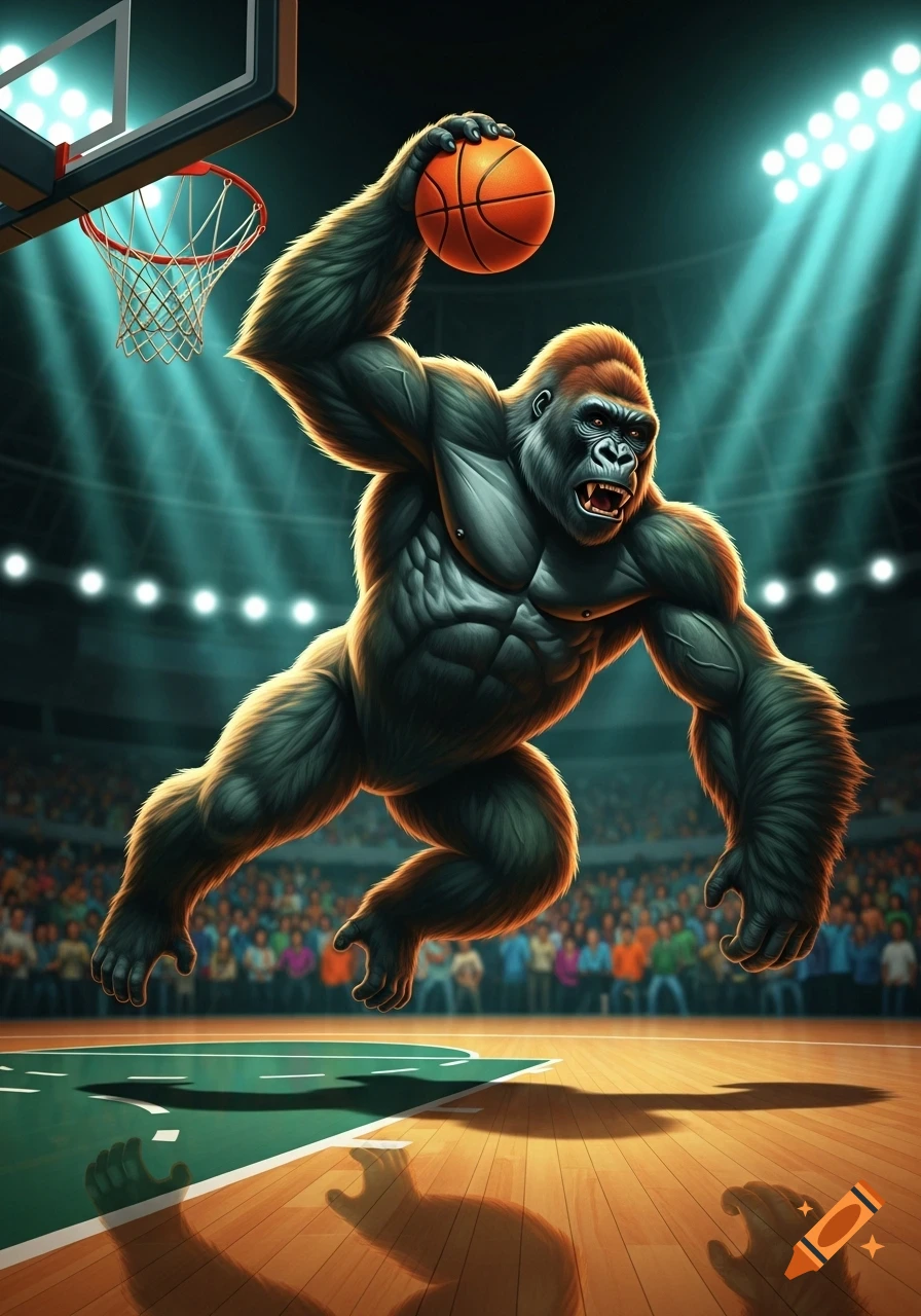 Muscular gorilla dunks a basketball in a brightly lit arena with a crowd.