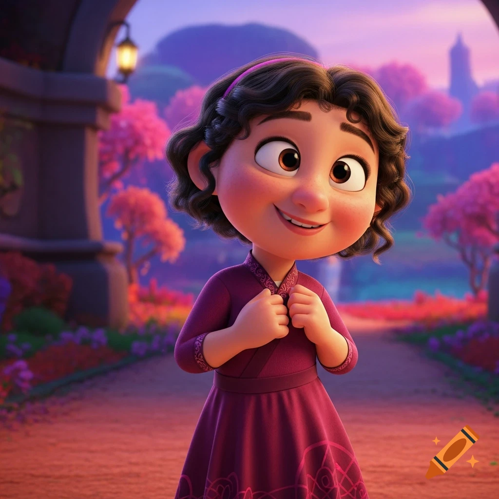A smiling 3D animated cartoon girl with curly brown hair and a purple dress stands in a vibrant, magical garden with pink trees.