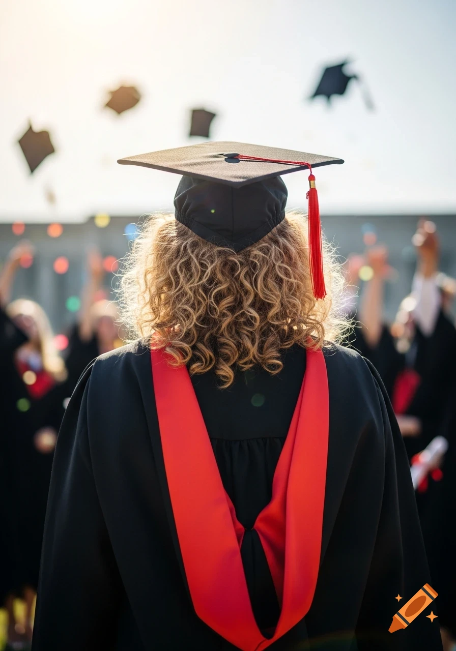 Rear view of a graduate with curly blonde hair wearing a black gown and cap with a red tassel, celebrating outdoors.