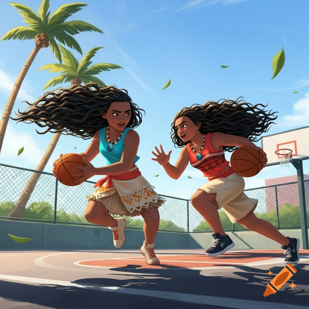 Two animated characters resembling Moana playing basketball on an outdoor court under palm trees.