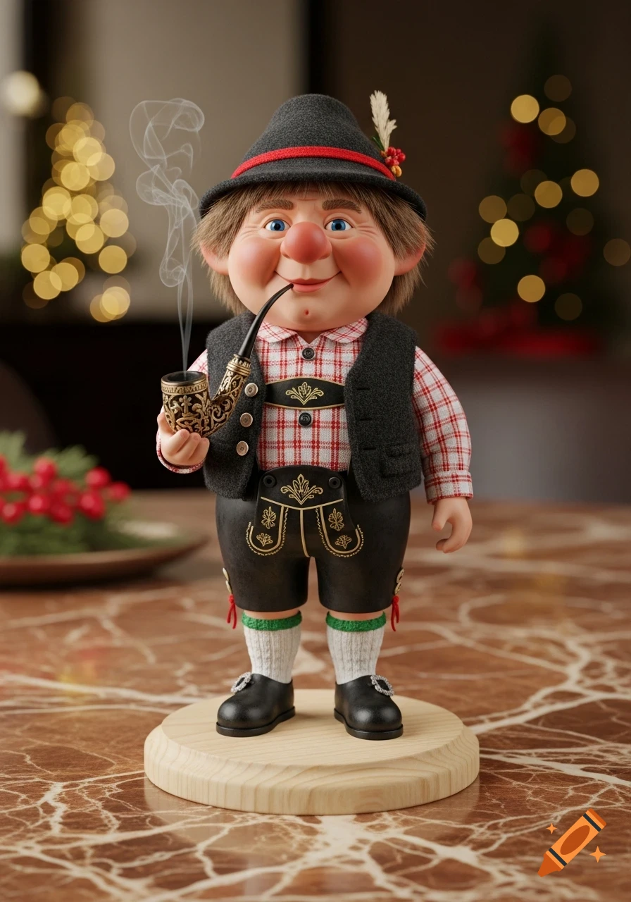 A photorealistic German smoking man figurine with a pipe, wearing traditional attire, on a marble table with blurred Christmas lights.