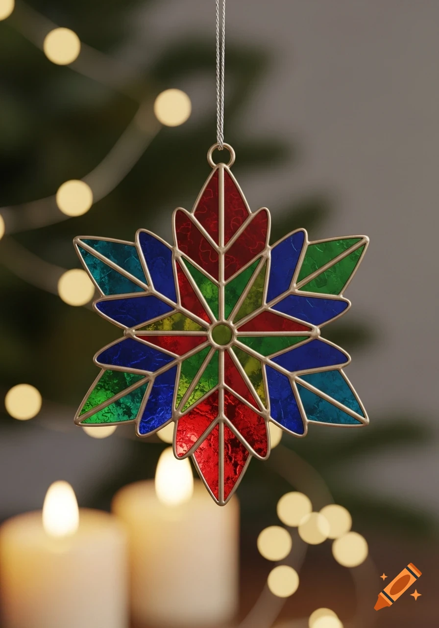 A close-up of a colorful stained glass Christmas ornament hanging from a tree, with blurred lights and candles in the background.