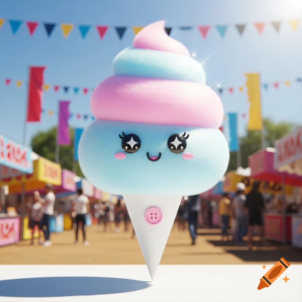 A cute 3D rendered pastel pink and blue cotton candy character shaped like an ice cream cone, with a smiling face and big shiny eyes, set against a blurred fairground background with colorful flags.