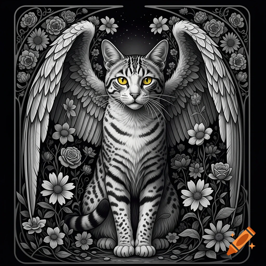 Grayscale winged cat with striking yellow eyes sitting amidst intricate flowers in an Art Nouveau style illustration.
